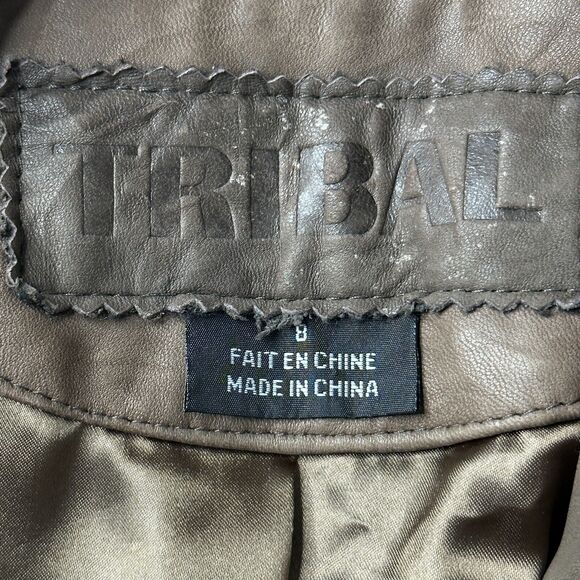 Tribal Leather Full Zip Collared Jacket Brown Women 8 Zip Pockets Leather Cuffed - Picture 2 of 11